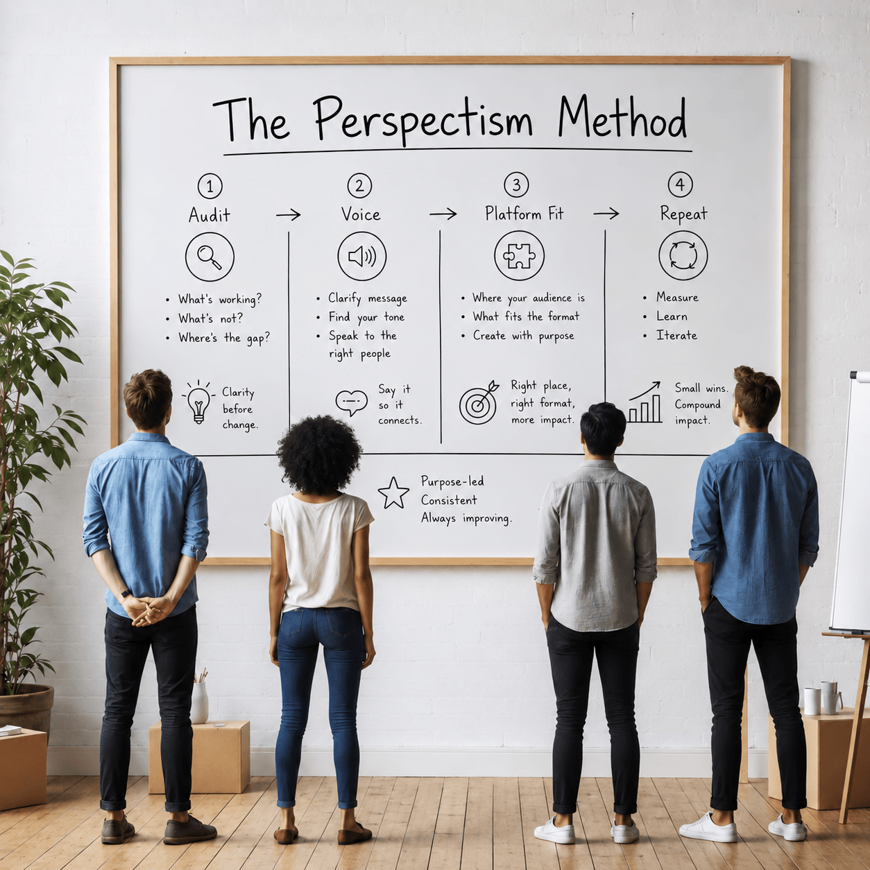 Four people facing a whiteboard titled The Perspectism Method, with Audit, Voice, Platform Fit and Repeat
